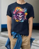 Colorful Pirate Skull Graphic T Shirt with Bold Street Art Style - model wearing navy tee with hands in pockets