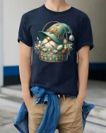 Cute Gnome in Floral Basket Fantasy Art Graphic T Shirt - model wearing navy tee with hands in pockets