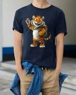 Cute Smiling Tiger Backpack Cartoon Adventure Graphic T Shirt - model wearing navy tee with hands in pockets