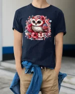 Cute Floral Owl Art Graphic T Shirt with Whimsical Garden Style - model wearing navy tee with hands in pockets