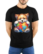 Cute Puppy Autism Awareness T Shirt with Puzzle Heart Love Design - model wearing black tee with hands behind back