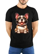 Cute Smiling Bulldog Cartoon Graphic T Shirt with Happy Vibes - model wearing black tee with hands behind back