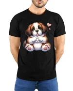 Cute Puppy Making Heart Shape Cartoon Graphic T Shirt with Love - model wearing black tee with hands behind back