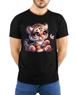 Cute Baby Tiger Cartoon Graphic T Shirt with Sweet Playful Charm - model wearing black tee with hands behind back