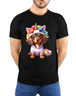 Cute Unicorn Puppy Cartoon Graphic T Shirt with Rainbow Magic Style - model wearing black tee with hands behind back