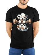 Cute Dalmatian Puppy Playing with Rope Cartoon Graphic T Shirt - model wearing black tee with hands behind back