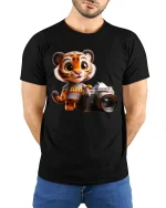Cute Tiger Photographer Cartoon Graphic T Shirt with Creative Vibes - model wearing black tee with hands behind back