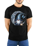 Mystical Gnome Moon Butterfly Fantasy Art Graphic T Shirt - model wearing black tee with hands behind back