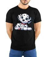 Cute Dalmatian Puppy Cartoon Graphic T Shirt with Sweet Happy Style - model wearing black tee with hands behind back