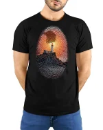 Lighthouse Fingerprint Sunset Art Graphic T Shirt with Deep Meaning - model wearing black tee with hands behind back