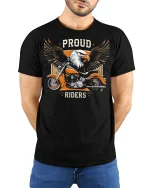 Proud Riders Eagle Motorcycle Graphic T Shirt with Bold Freedom Style - model wearing black tee with hands behind back