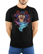 Crazy Tornado Wolf Cartoon Graphic T Shirt with Wild Energy Style - model wearing black tee with hands behind back