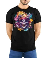 Colorful Pirate Skull Graphic T Shirt with Bold Street Art Style - model wearing black tee with hands behind back
