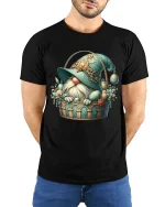 Cute Gnome in Floral Basket Fantasy Art Graphic T Shirt - model wearing black tee with hands behind back
