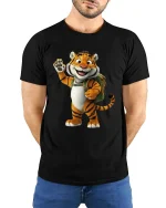 Cute Smiling Tiger Backpack Cartoon Adventure Graphic T Shirt - model wearing black tee with hands behind back