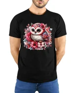Cute Floral Owl Art Graphic T Shirt with Whimsical Garden Style - model wearing black tee with hands behind back