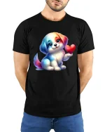Cute Puppy Holding Heart Cartoon Graphic T Shirt with Sweet Love Vibes - model wearing black tee with hands behind back