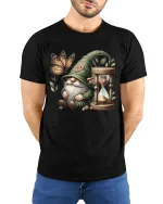 Whimsical Gnome with Butterfly and Hourglass Fantasy Graphic T Shirt - model wearing black tee with hands behind back