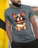 Cute Smiling Bulldog Cartoon Graphic T Shirt with Happy Vibes - model wearing grey tee, leaning on column