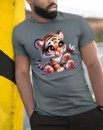 Cute Baby Tiger Cartoon Graphic T Shirt with Sweet Playful Charm - model wearing grey tee, leaning on column
