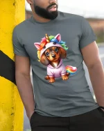 Cute Unicorn Puppy Cartoon Graphic T Shirt with Rainbow Magic Style - model wearing grey tee, leaning on column
