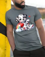 Cute Dalmatian Puppy Holding Heart Rainbow Cartoon Graphic T Shirt - model wearing grey tee, leaning on column