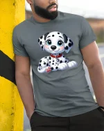 Cute Dalmatian Puppy Cartoon Graphic T Shirt with Sweet Happy Style - model wearing grey tee, leaning on column