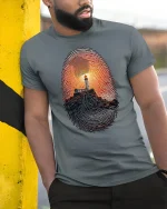 Lighthouse Fingerprint Sunset Art Graphic T Shirt with Deep Meaning - model wearing grey tee, leaning on column