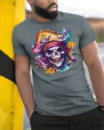 Colorful Pirate Skull Graphic T Shirt with Bold Street Art Style - model wearing grey tee, leaning on column