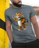 Cute Smiling Tiger Backpack Cartoon Adventure Graphic T Shirt - model wearing grey tee, leaning on column