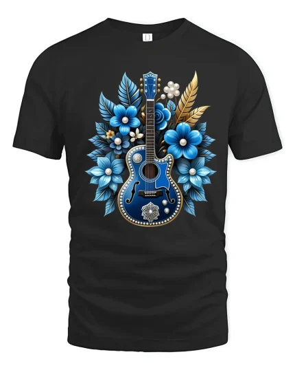 Blue Floral Guitar Art Graphic T Shirt Elegant Music Design - black t-shirt on white background