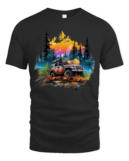 Off Road Adventure Jeep Graphic T Shirt Mountain Forest Art - black t-shirt on white background