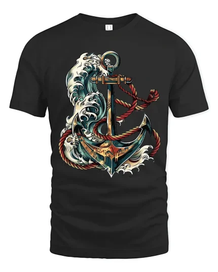 Nautical Anchor Ocean Wave Illustration Graphic T Shirt - black t-shirt on white background