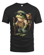 Adventurer Frog Backpack Explorer Illustration Graphic T Shirt - black t-shirt on white background