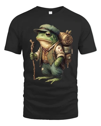 Adventurer Frog Backpack Explorer Illustration Graphic T Shirt - black t-shirt on white background