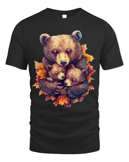 Heartwarming Bear Family Autumn Illustration Graphic T Shirt - black t-shirt on white background