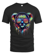 Colorful Koala With Headphones Neon Art Music Graphic T Shirt - black t-shirt on white background