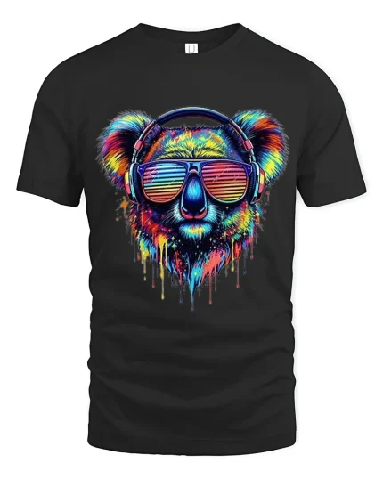 Colorful Koala With Headphones Neon Art Music Graphic T Shirt - black t-shirt on white background