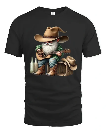 Funny Cowboy Gnome Playing Guitar Country Music Graphic T Shirt - black t-shirt on white background