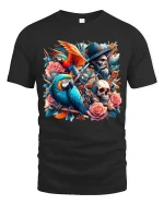 Pirate Parrot Skull Rose Fantasy Art Graphic Tee - black t-shirt on white background