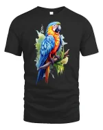 Colorful Tropical Parrot Illustration Art Graphic Tee - black t-shirt on white background