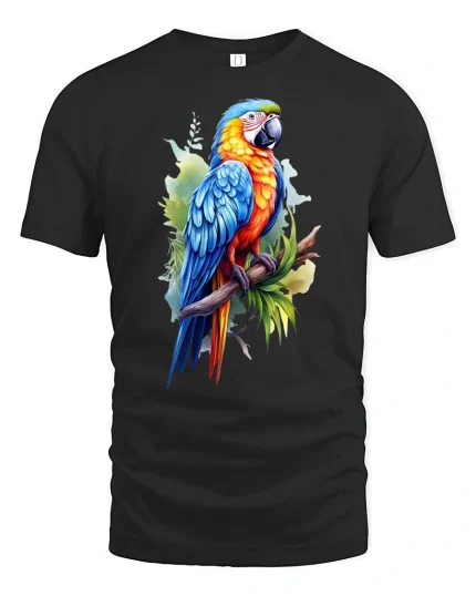 Colorful Tropical Parrot Illustration Art Graphic Tee - black t-shirt on white background