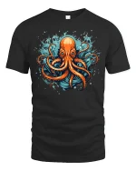 Fierce Ocean Octopus Splash Art Graphic Tee Design - black t-shirt on white background