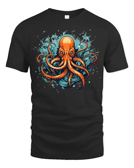Fierce Ocean Octopus Splash Art Graphic Tee Design - black t-shirt on white background