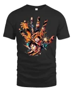 Epic Anime Pirate Hand Art Graphic Tee With Bold Action Energy - black t-shirt on white background