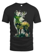 Majestic Forest Deer Silhouette Nature Graphic T Shirt Art - black t-shirt on white background