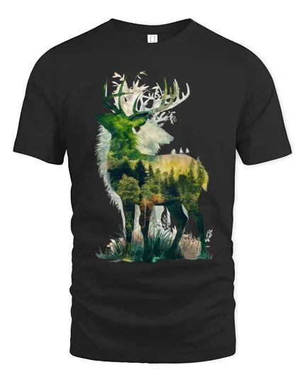 Majestic Forest Deer Silhouette Nature Graphic T Shirt Art - black t-shirt on white background
