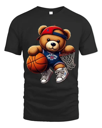 Cute Basketball Teddy Bear Graphic T Shirt Fun Sports Style - black t-shirt on white background