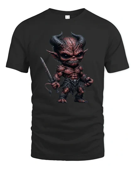Dark Fantasy Demon Warrior Graphic T Shirt Fierce Artwork - black t-shirt on white background
