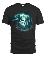 Mystical Dolphin Forest Moon Graphic T Shirt Nature Art - black t-shirt on white background